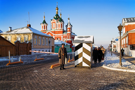 The old style russian policeman at the Cross Exaltation Cathedral in Kolomna, Russiaのeditorial素材