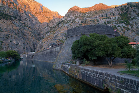 Walls and towers of Old Kotor at sunset, Montenegroのeditorial素材