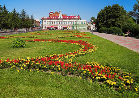 Park and historic buildings in the center of Tomsk, Russiaのeditorial素材