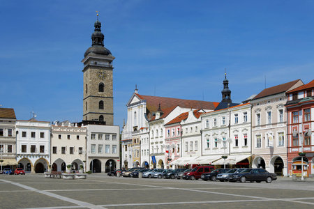 Central square of Ceske Budejovice and Black Tower, Czech Republicのeditorial素材
