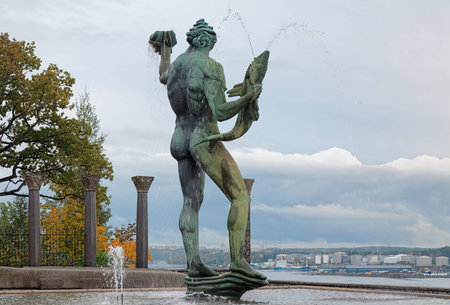 Poseidon Fountain by Carl Milles in Millesgarden sculpture garden in Stockholm, Swedenのeditorial素材