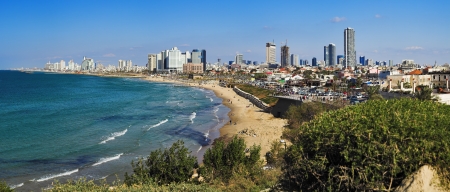 Panorama of Tel-Aviv coastline from Jaffa, Israelの写真素材