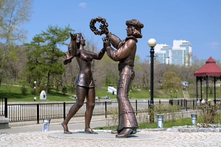 Sculptures of the characters of the Soviet musical cartoon  The Bremen Town Musicians  in Khabarovsk, Far East, Russiaのeditorial素材