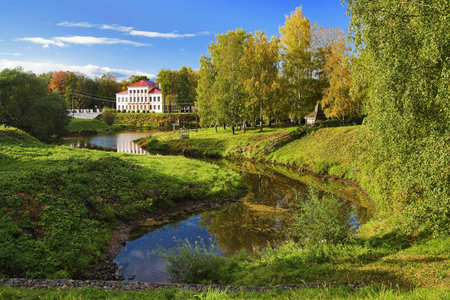 Autumn landscape with a building in classical style, Uglich, Russiaのeditorial素材