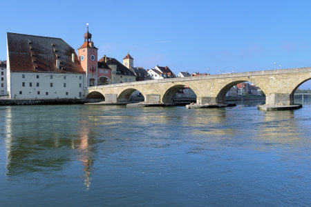 Stone Bridge over Danube and Salt House in Regensburg, Germanyの写真素材