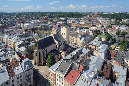 View of Latin Cathedral from the tower of Lviv City Hall, Lviv, Ukraineの写真素材