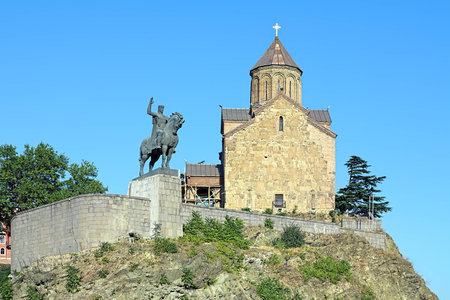 Metekhi church and equestrian statue of King Vakhtang I Gorgasali in Tbilisi, Georgia