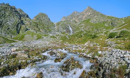 Riverhead of Bilyagidon river with waterfall in the mountains of Digoria, Caucasus, Republic of North Ossetia-Alania, Russiaの写真素材