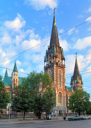 Church of Sts. Olha and Elizabeth in the evening in Lviv, Ukraineのeditorial素材