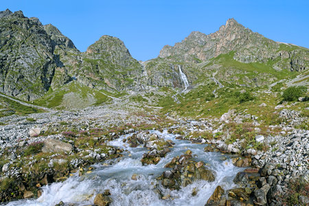 Riverhead of Bilyagidon river with waterfall in the mountains of Digoria, Caucasus, Republic of North Ossetia-Alania, Russiaのeditorial素材