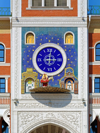 Yoshkar-Ola, Russia. Clock on the building of National Art Gallery with figure of donkey carrying the icon Bogorodica Trojeruchica (Three-handed Theotokos).のeditorial素材