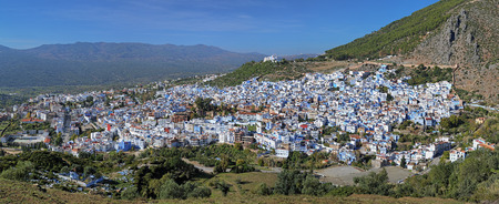 Panorama of Chefchaouen from the hill of Jemaa Bouzafar Mosque, Moroccoの写真素材