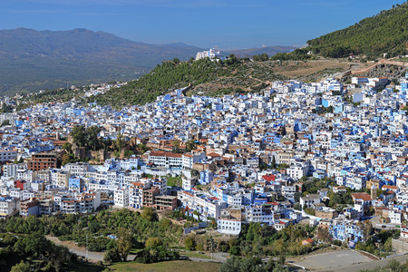 View of Chefchaouen from the hill of Jemaa Bouzafar Mosque, Moroccoの写真素材