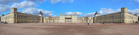 Big panorama of the southern facade of the Great Gatchina Palace in Gatchina town near Saint Petersburg, Russiaのeditorial素材