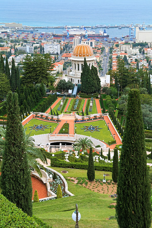 Upper terraces of Bahai Gardens with Shrine of the Bab on Mount Carmel in Haifa Israelの写真素材