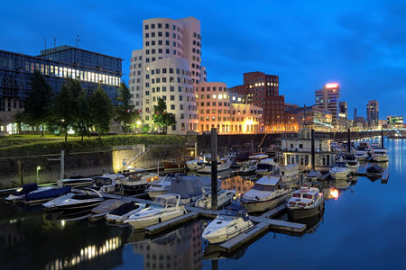 Evening view of Media Harbor with Neuer Zollhof buldings in Dusseldorf, Germanyの写真素材