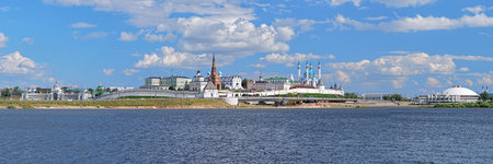 Panorama of the Kazan Kremlin, Russia. The panorama shows in Kremlin: Presidential Palace, Soyembika Tower, Annunciation Cathedral, Qolsharif Mosque; outside Kremlin: Palace of Farmers and Circus.のeditorial素材