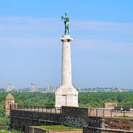 Belgrade, Serbia. The Pobednik The Victor monument in the Kalemegdan fortress and view of the municipalities New Belgrade and Zemunのeditorial素材