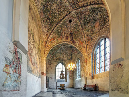 MALMO, SWEDEN - DECEMBER 13, 2015: Interior of Tradesmen's Chapel at St. Peter's Church. The chapel was constructed after 1442 and contains a great wealth of frescoes from the late Middle Ages.のeditorial素材