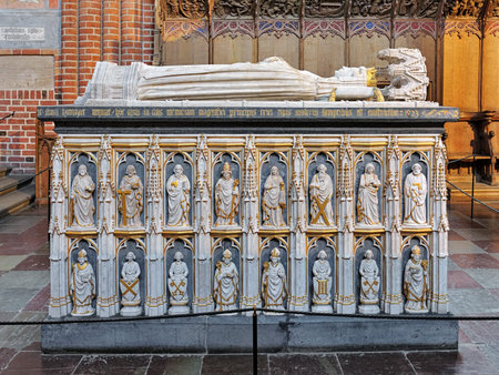 ROSKILDE, DENMARK - DECEMBER 14, 2015: Sarcophagus of Queen Margaret I of Denmark, Norway and Sweden in Roskilde Cathedral. The sarcophagus was made by the Lubeck sculptor Johannes Junge in 1423.のeditorial素材
