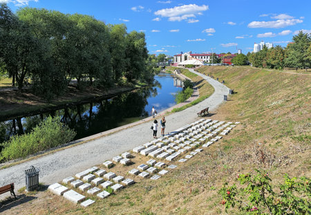 YEKATERINBURG, RUSSIA - AUGUST 19, 2016: Keyboard monument, an outdoor sculpture featuring the QWERTY keyboard, The monument was created by design of Anatoly Vyatkin and unveiled on October 5, 2005.のeditorial素材