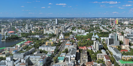 YEKATERINBURG, RUSSIA - AUGUST 19, 2016: Panorama of the city from the observation deck of the Vysotsky skyscraper. The observation deck is located on the 52nd floor at 186 meters above the ground.のeditorial素材