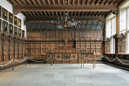 MUNSTER, GERMANY - MAY 28, 2015: Friedenssaal (Hall of Peace) in Munster Town Hall. The Westphalian Peace Treaties of Munster was signed here on May 15, 1648 and on October 24, 1648.のeditorial素材