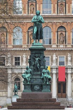 Schiller monument on the Schillerplatz square in Vienna, Austria. The monument was designed by Johannes Schilling, made by Franz Ponninger and Josef Rolic and unveiled on November 10, 1876.のeditorial素材