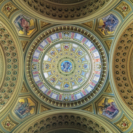 BUDAPEST, HUNGARY - DECEMBER 5, 2016: Painting of dome and ceiling of St. Stephen's Basilica. The basilica is one of the most significant tourist attractions and the third highest church in Hungary.のeditorial素材