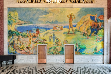 OSLO, NORWAY - JANUARY 24, 2017: Fresco of beach life along the fjord by the Norwegian painter Willi Midelfart (1904-1975) on the end wall in the Banquet Hall of Oslo City Hall.のeditorial素材