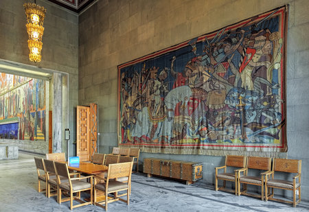 OSLO, NORWAY - JANUARY 24, 2017: Hardrade Room in Oslo City Hall dedicated to king Harald Hardrade, the city founder. The room is adorned with tapestries designed by Axel Revold in 1935-1937.のeditorial素材