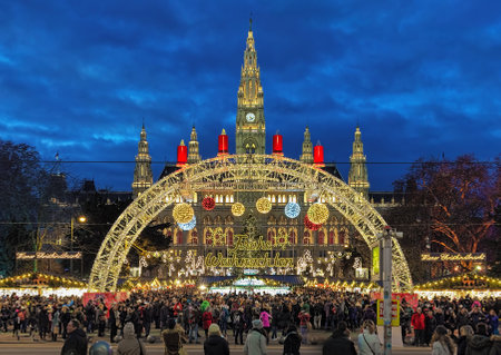 VIENNA, AUSTRIA - DECEMBER 9, 2016: Viennese Christmas Market in front of the City Hall. This is the largest and the best-known of all the Vienna Christmas markets.のeditorial素材