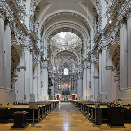 MUNICH, GERMANY - MAY 29, 2017: Interior of Theatinerkirche (Theatine Church of St. Cajetan). The...