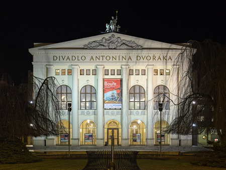 OSTRAVA, CZECH REPUBLIC - DECEMBER 13, 2016: The Antonin Dvorak Theater in night. It was built by design of Viennese architect Alexander Graf in a neo-baroque style and opened on September 28, 1907.のeditorial素材