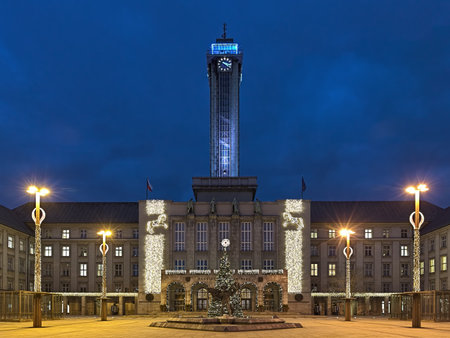 OSTRAVA, CZECH REPUBLIC - DECEMBER 13, 2016: New Town Hall in Christmas illumination in evening. With the 86-meter high tower this is the tallest town hall in the country. It was built in 1925-1930.のeditorial素材