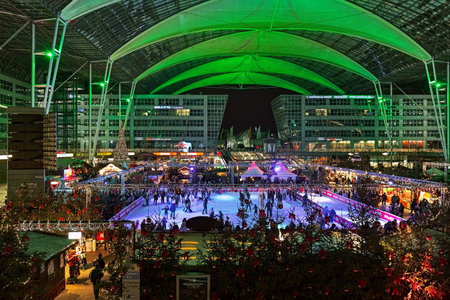 MUNICH, GERMANY - DECEMBER 17, 2017: Christmas and Winter Market with ice rink in the Munich Airport. The market is running at the Munich Airport Center Forum from 11am to 9pm through 30 December.のeditorial素材
