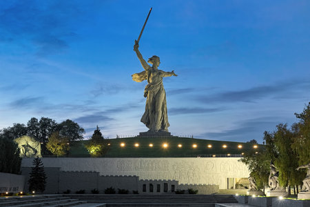 VOLGOGRAD, RUSSIA - OCTOBER 19, 2017: The Motherland Calls statue on the top of Mamayev Kurgan with memorial complex commemorating the Battle of Stalingrad. The statue was constructed in 1965-1967.のeditorial素材