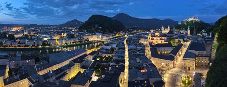 Panorama of Salzburg at sunset, Austria. View from observation point at the Monchsberg mountain.の写真素材