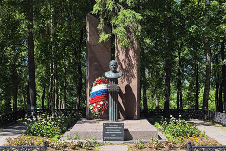 KOVROV, RUSSIA - JUNE 13, 2019: Grave of Russian and Soviet weapon engineer Vasily Degtyaryov at memorial park Necropolis of St John the Military, former cemetery, then Pushkin Park in Soviet times.のeditorial素材