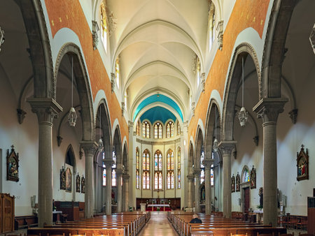 RIJEKA, CROATIA - OCTOBER 9, 2018: Interior of upper Capuchin Church of Our Lady of Lourdes. The present church was built in 1904-1929 according to design of Giovanni Maria Curet and Cornelio Budinichのeditorial素材