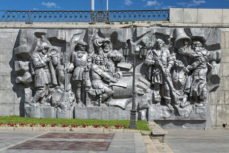 Yekaterinburg, Russia. Birth of the City - relief at Dam of city pond. The relief by Peter Sharlaimov was installed in 1923, destroyed in 1960s, restored in 1973, and replaced by aluminum copy in 2013のeditorial素材