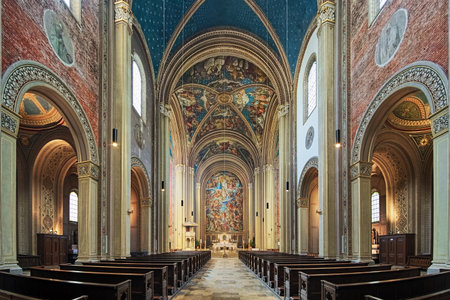 MUNICH, GERMANY - MAY 30, 2017: Interior of Ludwigskirche (Catholic Parish and University Church St. Louis). The church was built in 1829-1844 by the German architect Friedrich von Gartner.のeditorial素材