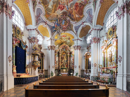 MUNICH, GERMANY - DECEMBER 15, 2017: Interior of abbey church of St. Anna im Lehel. Church was built in 1733 by Johann Michael Fischer. Interior was completed in 1737 by Asam brothers and J.B. Straub.のeditorial素材