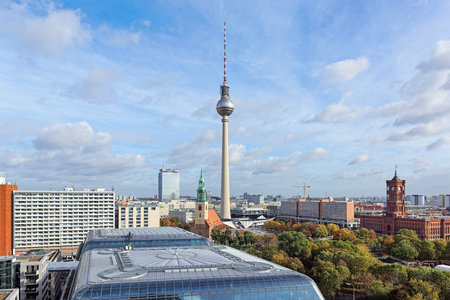 BERLIN, GERMANY - OCTOBER 29, 2016: View on Fernsehturm TV Tower, St. Mary's Church and Rotes Rathaus (Red City Hall) from the viewing gallery around the dome of Berlin Cathedral.のeditorial素材