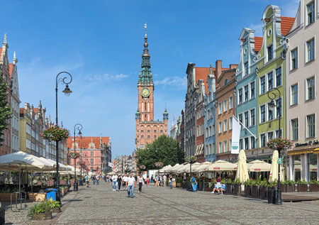 GDANSK, POLAND - AUGUST 6, 2019: Main Town Hall at connection of Long Market and Long Lane. Town...