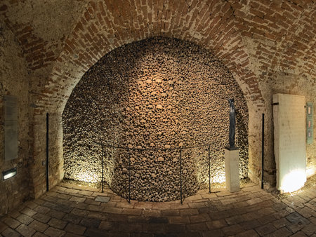 BRNO, CZECH REPUBLIC - DECEMBER 11, 2016: Interior of ossuary under Church of St. James. The ossuary holds the remains of over 50 thousand people which makes it the second-largest ossuary in Europe.のeditorial素材