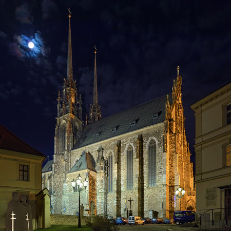 BRNO, CZECH REPUBLIC - DECEMBER 11, 2016: Cathedral of Sts. Peter and Paul in night. The beginnings of cathedral date back to the 11th-12th century. It is a national cultural monument.のeditorial素材