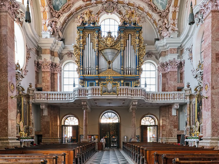 INNSBRUCK, AUSTRIA - MAY 26, 2017: Main organ of Innsbruck Cathedral (Cathedral of St. James). The cathedral was built in 1717-1724. The organ was built in 1725 and reconstructed in 1998-2000.のeditorial素材