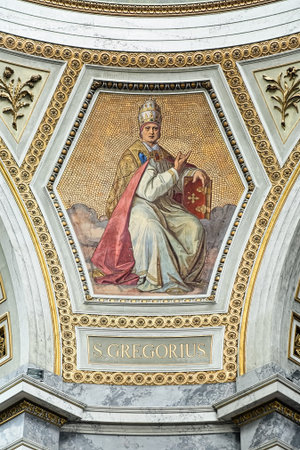 ESZTERGOM, HUNGARY - OCTOBER 7, 2015: Mosaic and fresco depicting Saint Gregory (Pope Gregory I),...