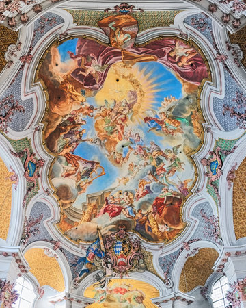 MUNICH, GERMANY - DECEMBER 15, 2017: Ceiling fresco of abbey church of St. Anna im Lehel. Church was built in 1727-1733 by Johann Michael Fischer. The fresco was created by Cosmas Damian Asam in 1730.のeditorial素材